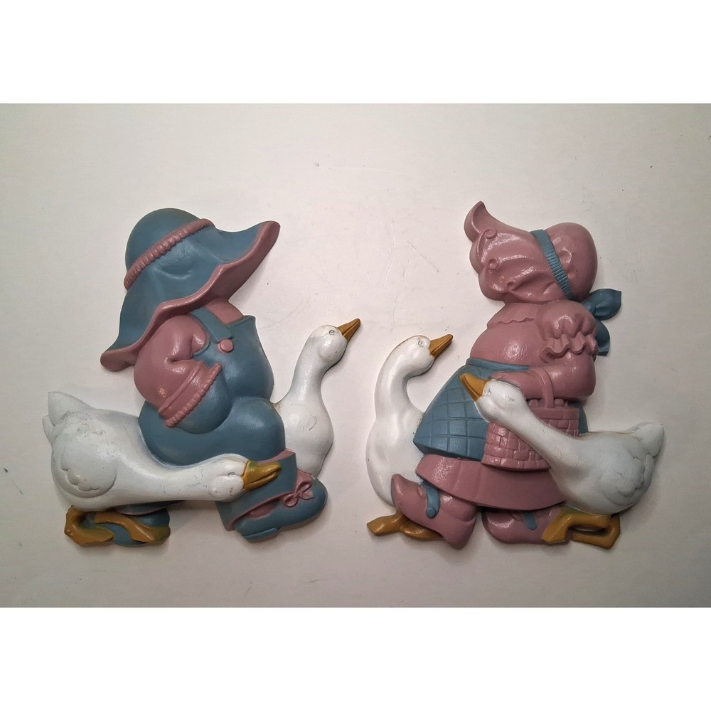 Vintage 1988 Burwood Boy and Girl with Geese wall hanging set Cottagecore